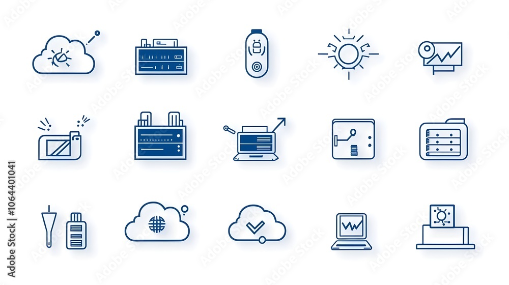 Fototapete Web hosting icon set featuring simple line art symbols for webspace domain and cloud computing services displayed on a clean white background  The design represents technology software