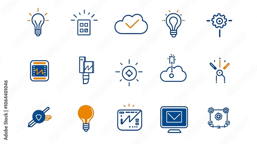 Poster Minimalist Line Art Icon Set Representing Web Hosting Services Webspace Domain Management and Cloud Computing Solutions on a Bright White Background