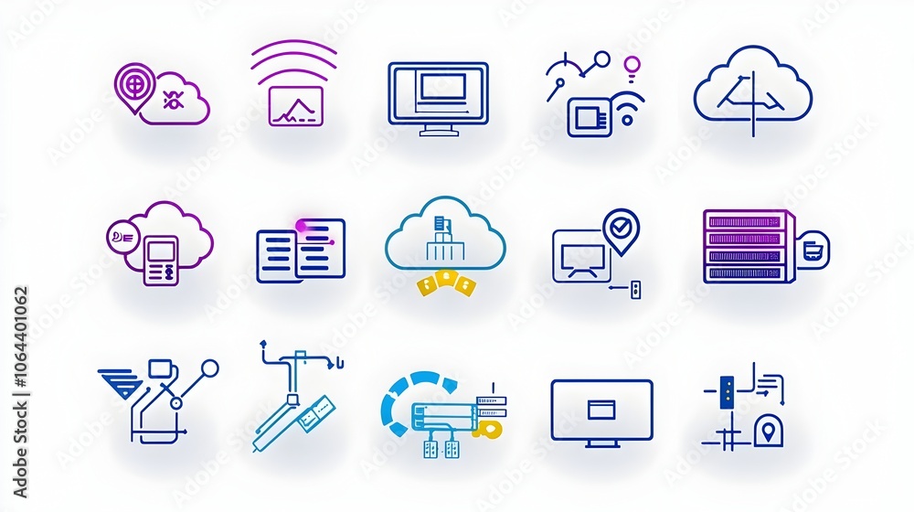 Fototapete A collection of cloud computing icons in a clean and minimalist line style representing hosting services such as website traffic servers and data exchange symbols on a white background