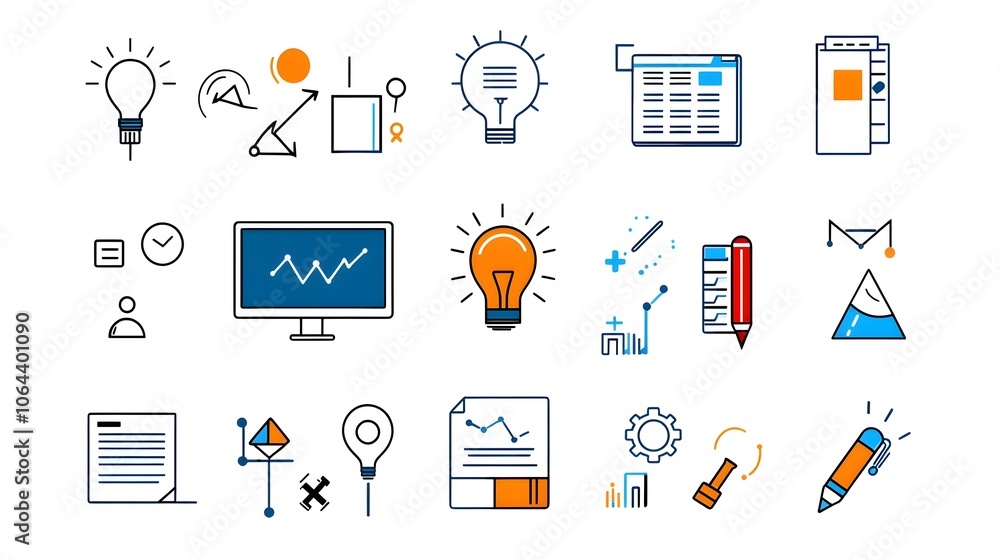 Poster Set of minimalist line style webinar icons representing business meetings classroom sessions and team on a clean white background