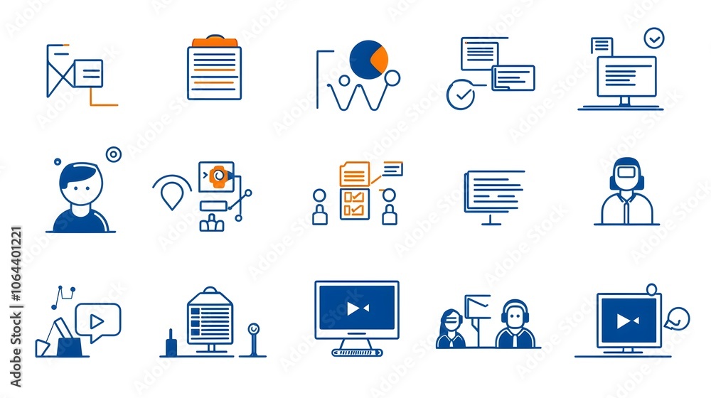 Poster minimalist line icons depicting virtual business meetings team discussions and online in a clean mod