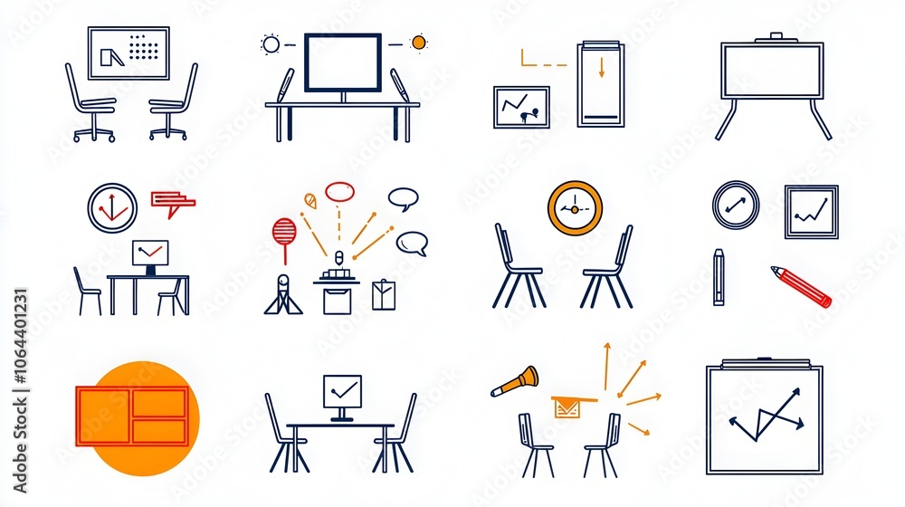 Leinwandbilder A set of minimalist line art icons representing various meeting discussion and interview scenarios for use in business education and designs and