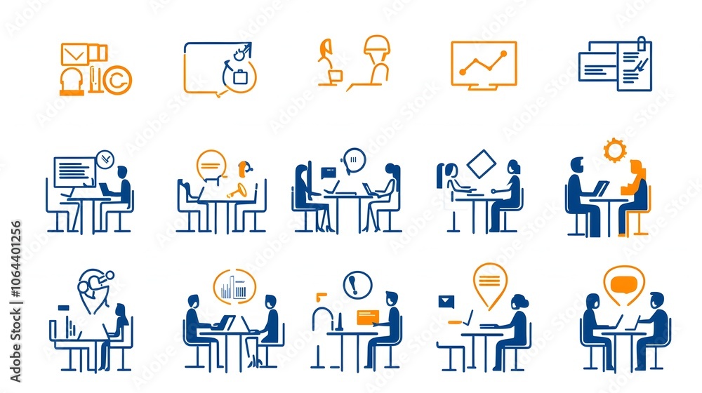 Aufkleber Collection of team meeting icons in line style featuring work interview and discussion symbols on a white background representing collaborative corporate discussions strategic planning