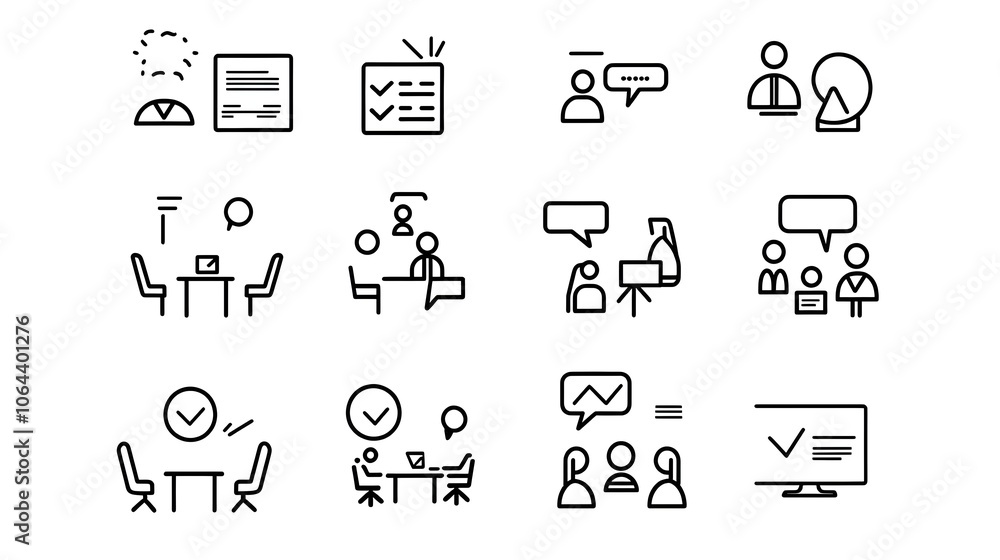 Poster minimalist line style icons showcasing various aspects of a team meeting and work discussion includi