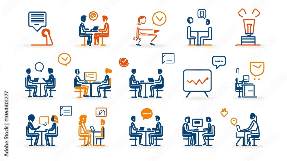 Poster minimalist line art icons depicting various team meeting and work symbols including discussion inter