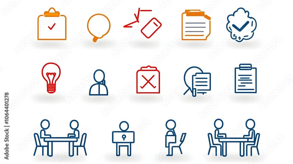 Aufkleber A set of minimalist line art icons representing various meeting discussion and interview related concepts  The icons feature a clean simple design on a white background suitable for use in business