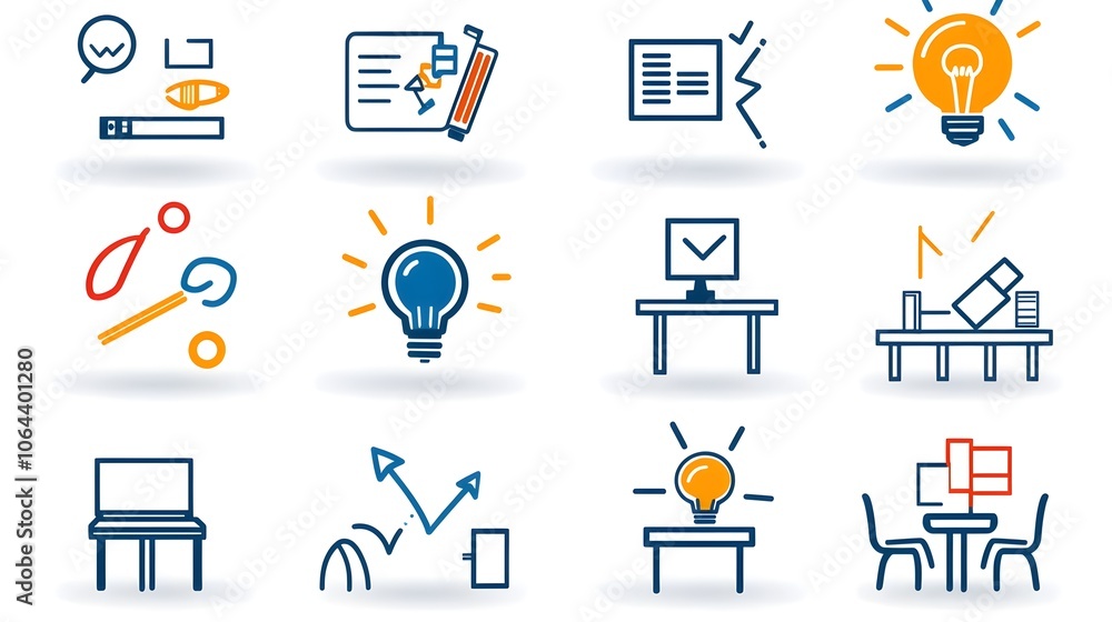 Poster set of clean line art style icons representing meeting discussion classroom interview and other comm