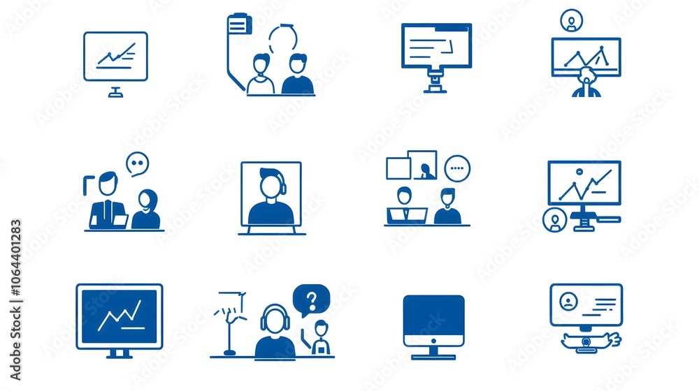 Poster line style icons for live webinar collection featuring business meeting team discussion and intervie