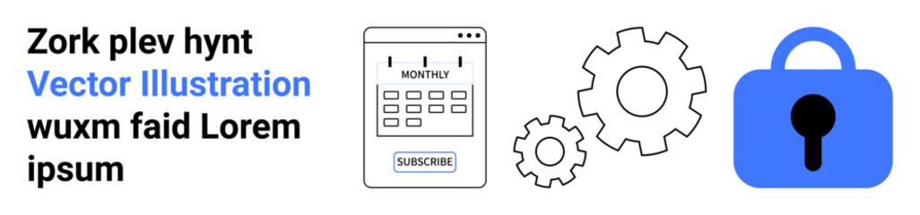 Calendar with subscribe button, two gears, and a padlock icon. Ideal for web development, cybersecurity, software settings, user interaction, service subscription, digital marketing, tech guides