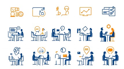Collection of team meeting icons in line style featuring work interview and discussion symbols on a white background representing collaborative corporate discussions strategic planning