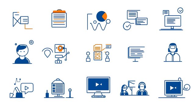 Minimalist line icons depicting virtual business meetings team discussions and online in a clean modern design  Suitable for presentations webinars