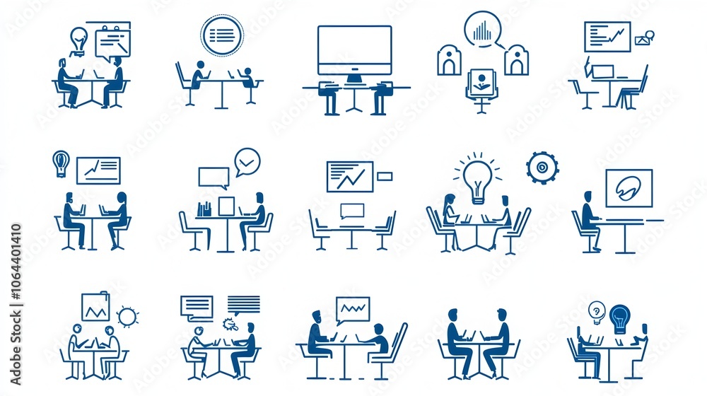 Aufkleber collection of modern minimalist line style meeting and webinar icons showcasing symbols for discussi