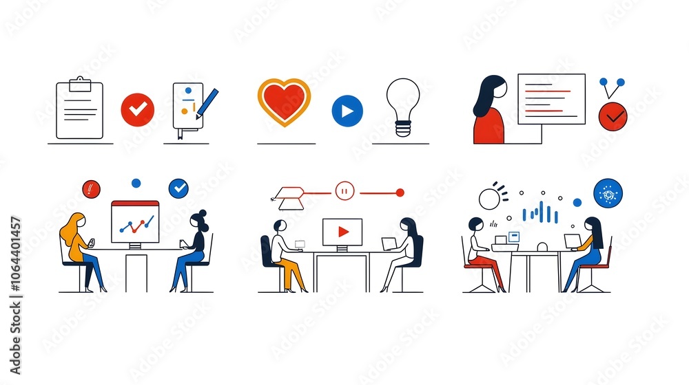 Poster Minimalist icon set showcasing various symbols and elements related to live webinar business meetings team discussions and collaborative work in a clean white background design