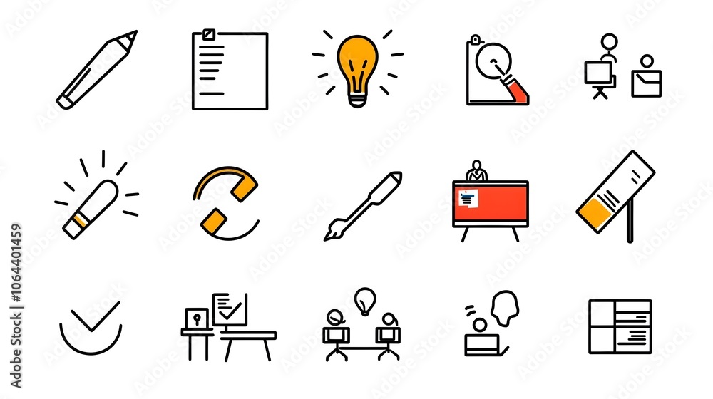 Aufkleber line art style icon set with symbols representing a meeting conference classroom team office work on
