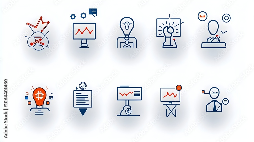 Poster minimalist icon set featuring various symbols and graphics related to live webinar online business m