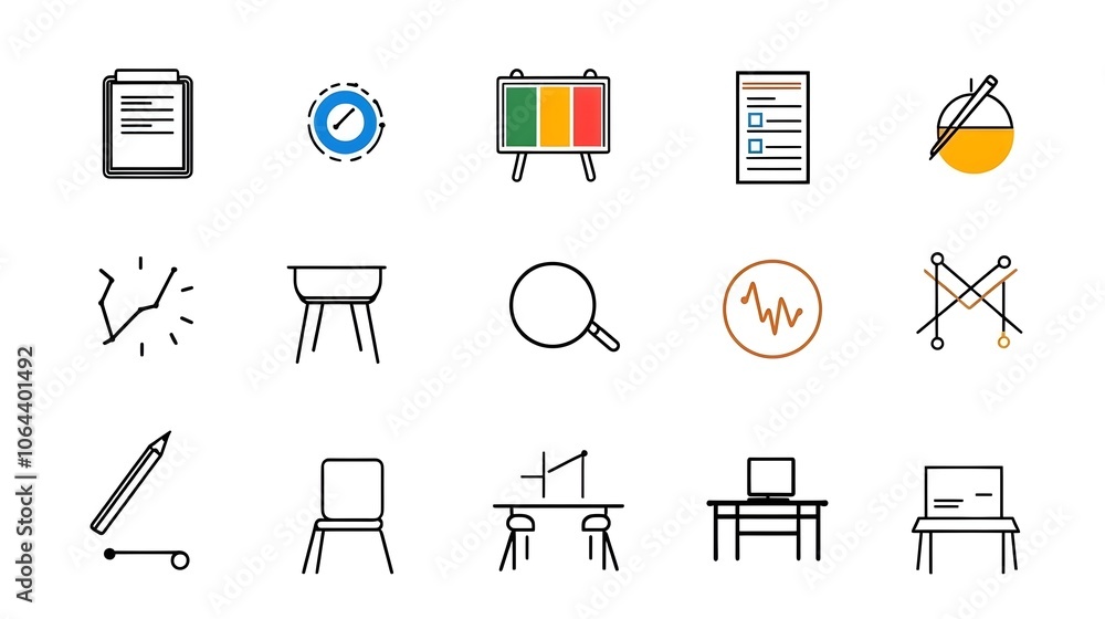 Aufkleber Set of line art style meeting icons and symbols representing conference classroom team work related concepts on a clean white background  Suitable for business education and technology communications