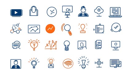 Comprehensive Collection of Meeting and Webinar Icons Showcasing Discussion Interview and Team Symbols Depicted in a Clean Minimalist Line Style on a Crisp White Background Ideal for Business