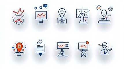 Minimalist icon set featuring various symbols and graphics related to live webinar online business meeting team digital workspace discussion on a white background