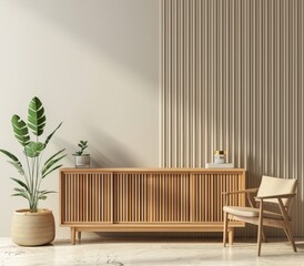 A minimalist living room with a wooden wall, a chair, a cabinet, and a plant in a pot