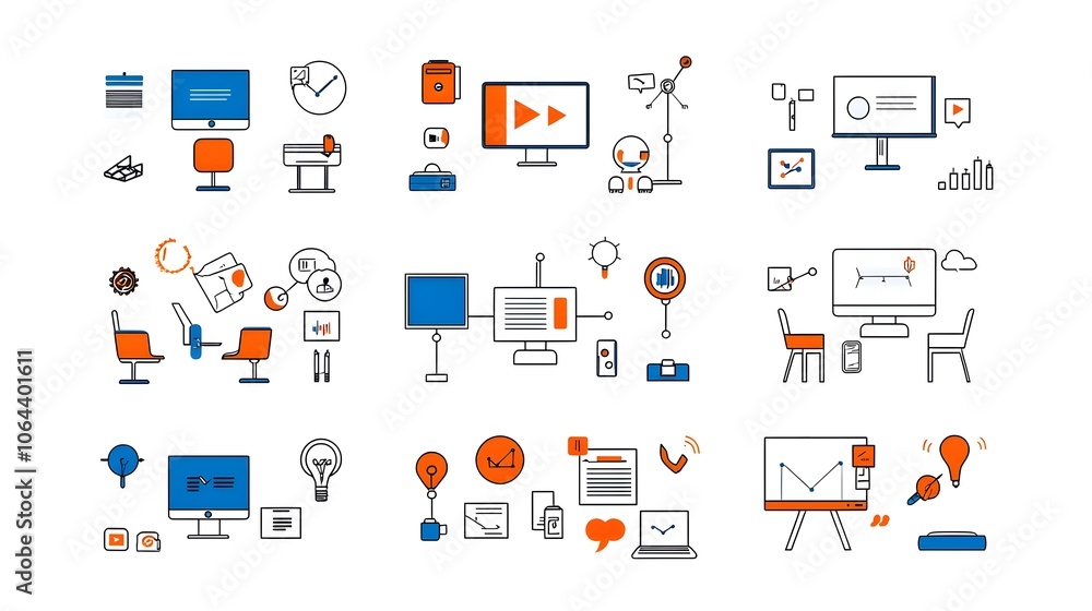 Poster a collection of minimalist line style icons depicting elements of online webinars business meetings 