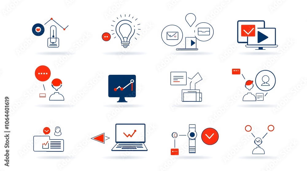 Poster collection of live webinar icons in line style featuring business meeting team and work symbols on p