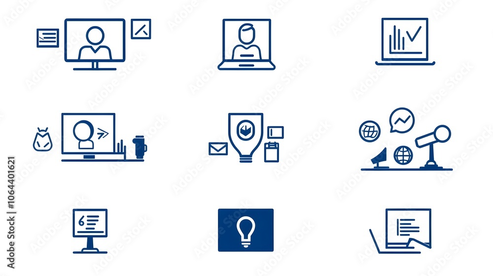 Poster Collection of minimalist line style icons representing various elements of online webinars video conferences and business team White background design suitable for digital technology