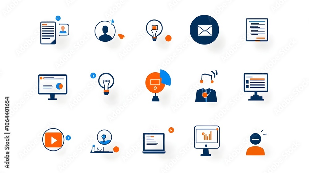 Poster minimalistic collection of webinar icons in clean line style depicting business meeting team confere