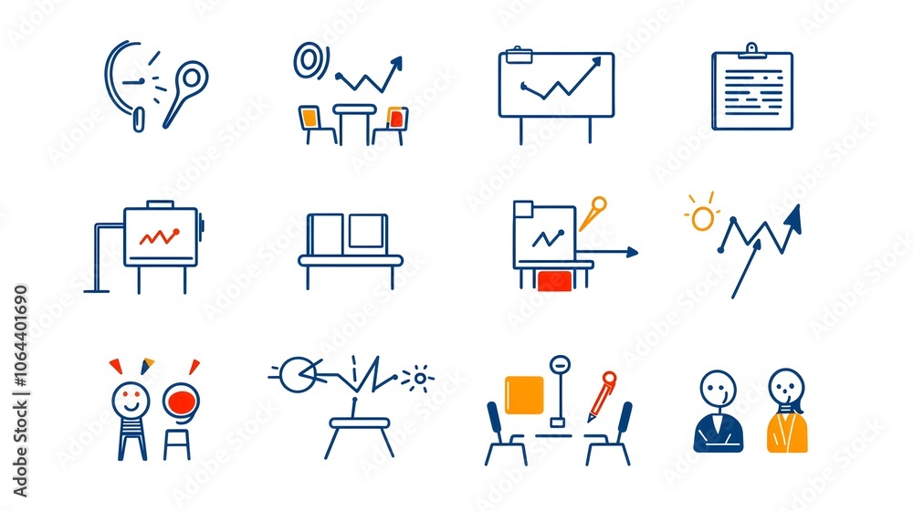 Poster Minimalist Line Art Icons Depicting a Classroom Interview Setting and Team Discussion Symbols on a Clean White Background