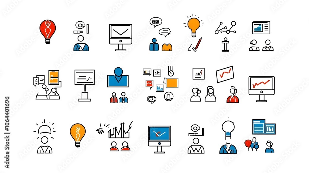 Leinwandbilder collection of clean line style webinar icons including symbols for business meeting team conference 