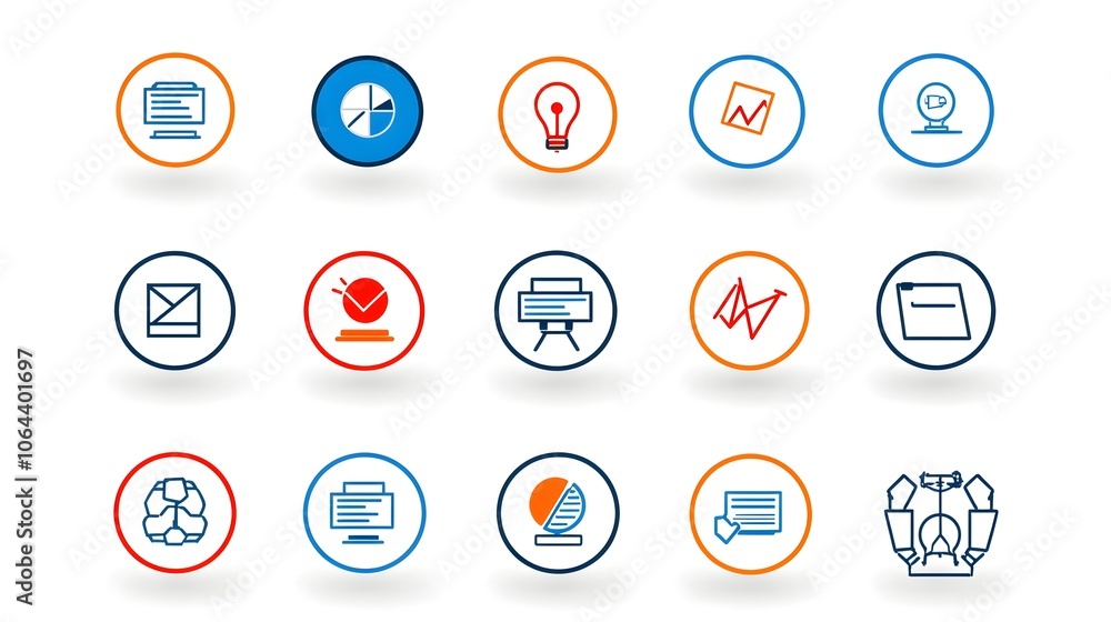Poster Collection of minimalist line icons representing various conference and meeting related concepts such as team office work on a clean white background
