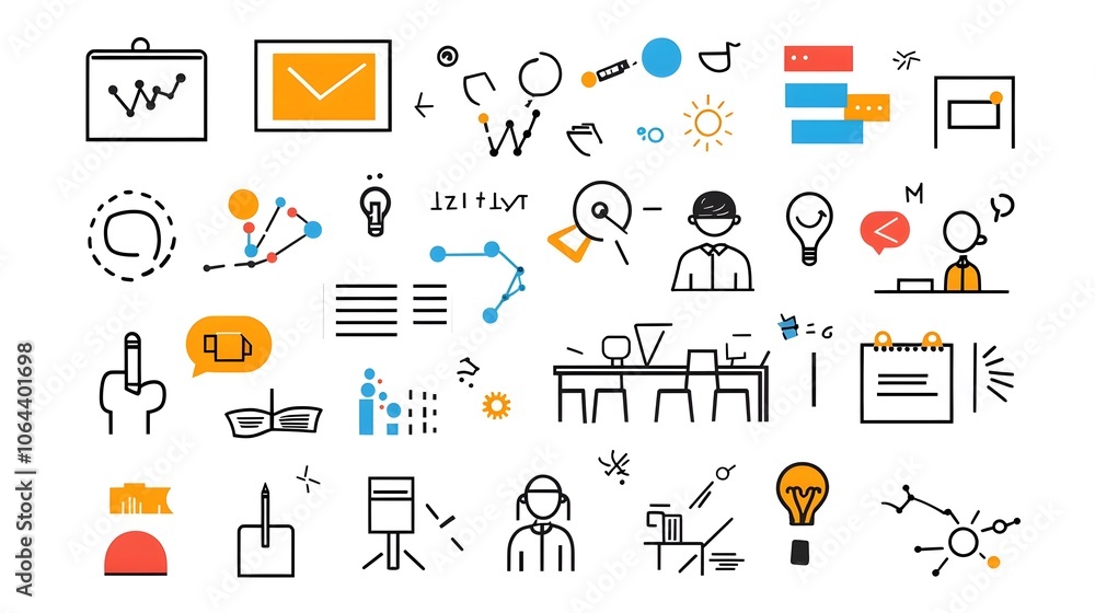 Poster Meeting icons in line art style featuring classroom interview and team discussion symbols on a white background  Conceptual representing business communication in a modern minimalist design