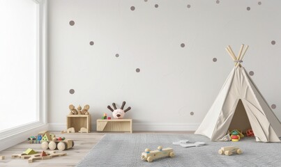 A white teepee tent in a minimalist nursery with a light wooden floor, a colorful rug, a window, and purple polka dots on the wall