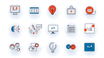 Collection of clean line style webinar icons including symbols for business meetings team online conferences or seminars on a white background
