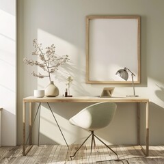 A minimalist home office with a white desk, a chair, a vase of dried flowers, a blank canvas, and a hanging light