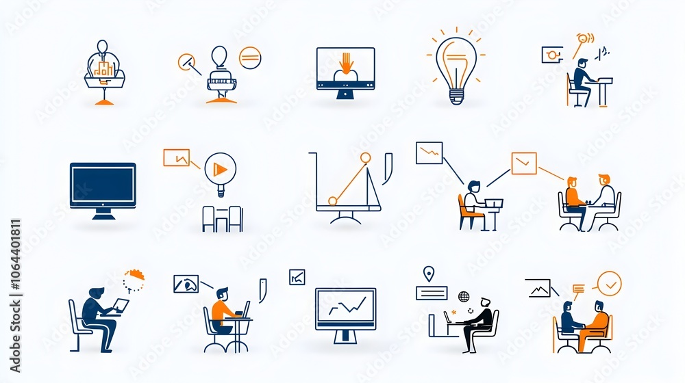 Aufkleber Set of simple line icons representing elements of a live online webinar or business meeting such as video conference team discussion and presentation tools