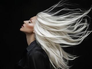 A woman with long white hair blowing in the wind
