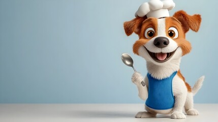 Cheerful cartoon dog character wearing a chef s hat and apron holding a cooking spoon and smiling against a plain white background  Playful culinary for recipes food or kitchen related designs