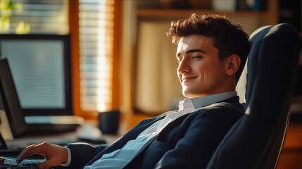 A man in a suit sitting in front of a laptop computer