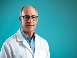 A man in a white lab coat and glasses