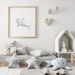 A cozy and modern nursery with a light blue and white color scheme featuring a wooden crib, a plush shark toy, and a framed blank canvas for a personalized touch
