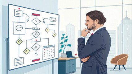 Businessman Examining Flowchart in Modern Office