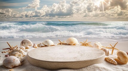 Empty beige podium with starfish and seashells on beach sand ideal for cosmetics or product presentations.