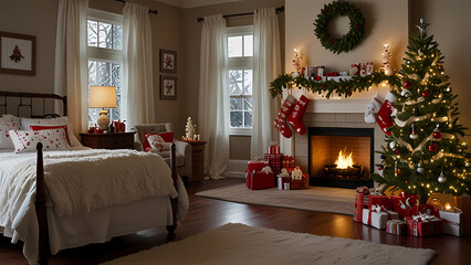 Cozy Christmas scene in a child's room, showing festive Christmas stockings hanging by the child's bed
