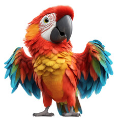 Fototapeta premium A colorful parrot with a bright orange and blue body stands on a white background. The bird has a friendly and welcoming expression, making it appear as if it is ready to greet someone