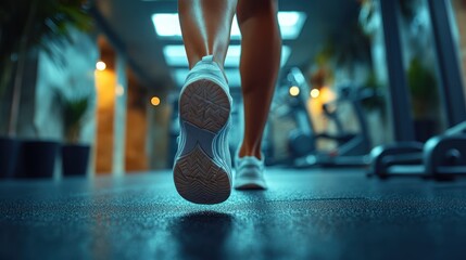 A fitness enthusiast using an elliptical machine in a gym, with detailed focus on their stride and surroundings