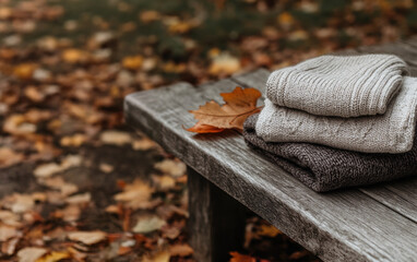 Three knitted sweaters are piled on top of each other on a wooden bench. The bench is surrounded by fallen leaves, giving the scene a cozy and autumnal atmosphere