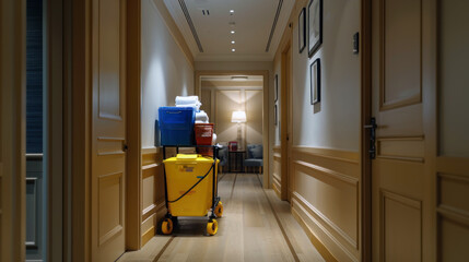 A housekeeping cart laden with supplies parked in a dimly lit hotel corridor, reflecting the behind-the-scenes upkeep essential for hospitality operations.