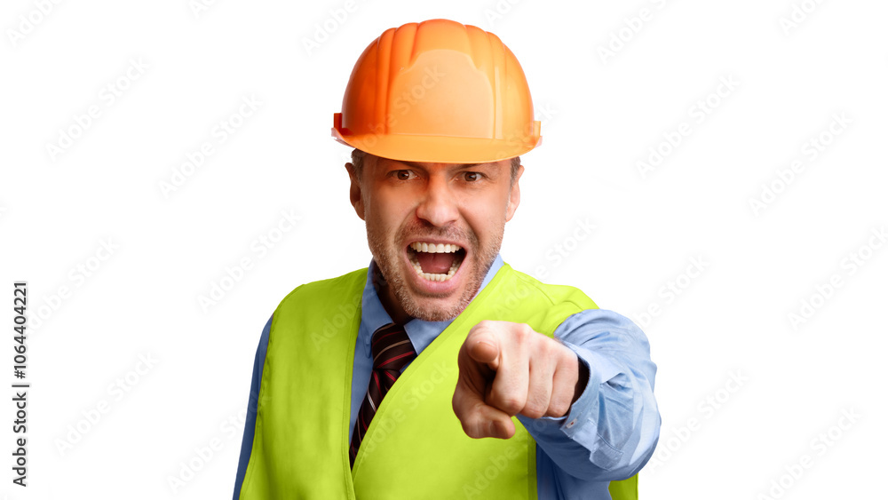 Poster angry builder man shouting pointing finger looking at camera standing over white studio background, 