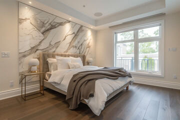 Contemporary bedroom with a marble accent wall behind the bed, warm wood flooring, and neutral bedding for a cozy yet refined atmosphere. interior design concept 