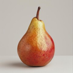 A vibrant red and yellow pear with a few brown spots.